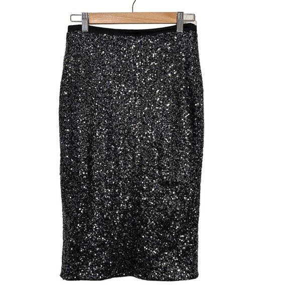 EXPRESS Black Silver Sequins Midi Pencil Skirt Size 4 - Picture 1 of 12